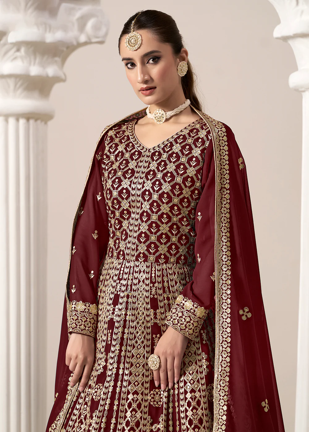 Maroon All Over Embroidered Georgette Designer Anarkali Gown - Image 2