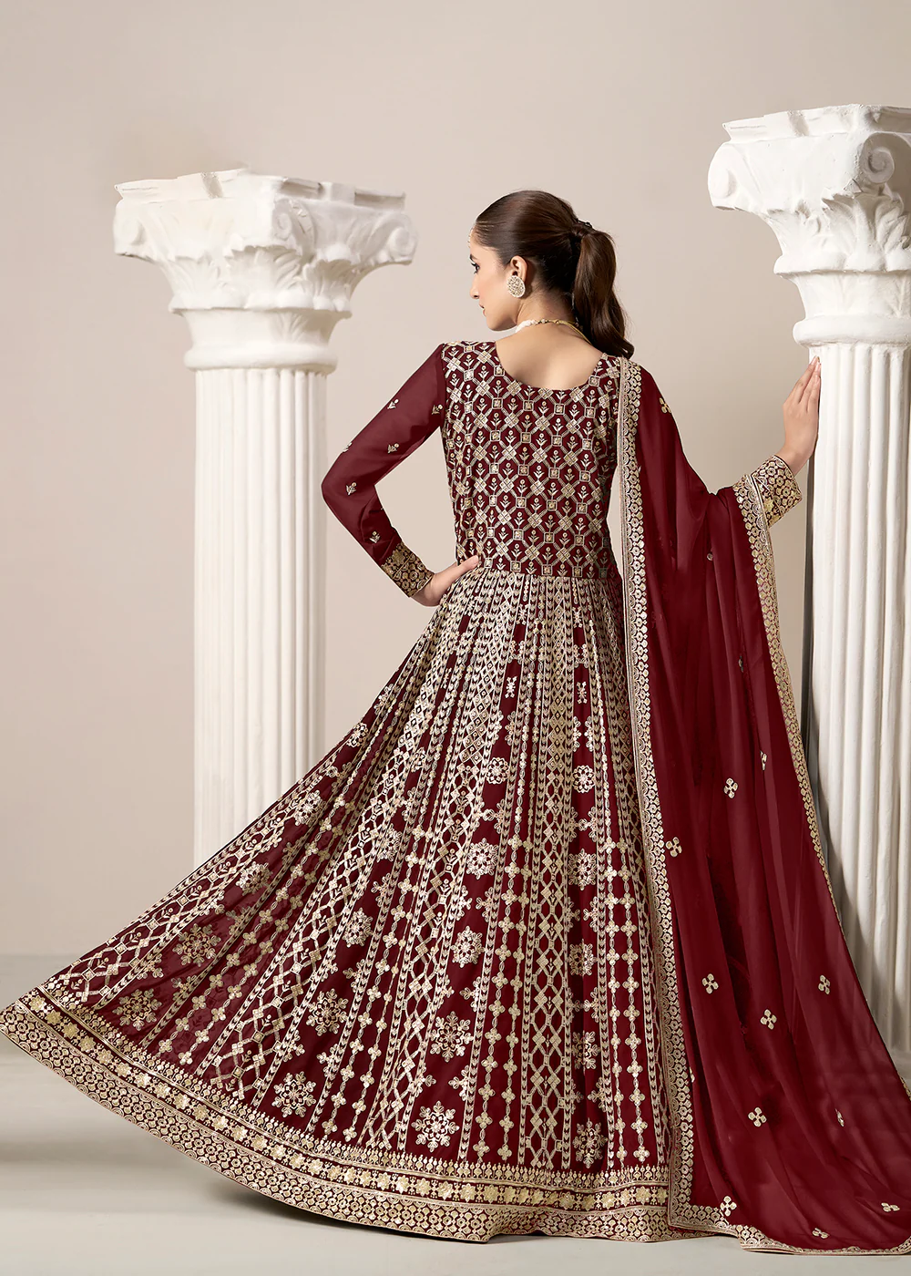 Maroon All Over Embroidered Georgette Designer Anarkali Gown - Image 3