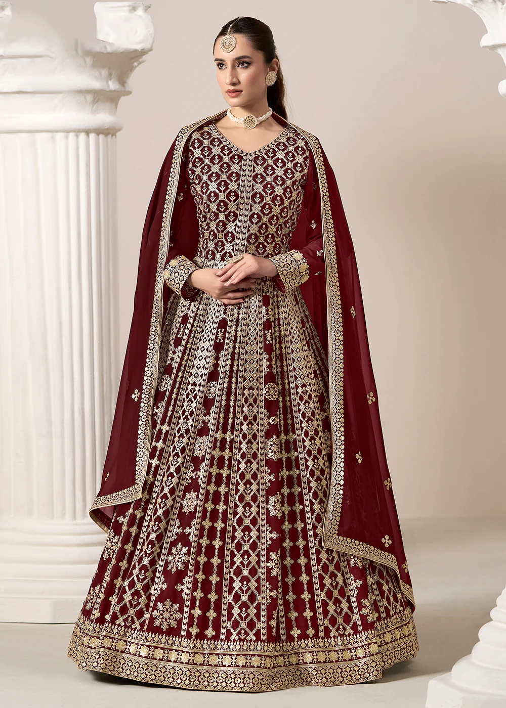 Maroon All Over Embroidered Georgette Designer Anarkali Gown - Image 4