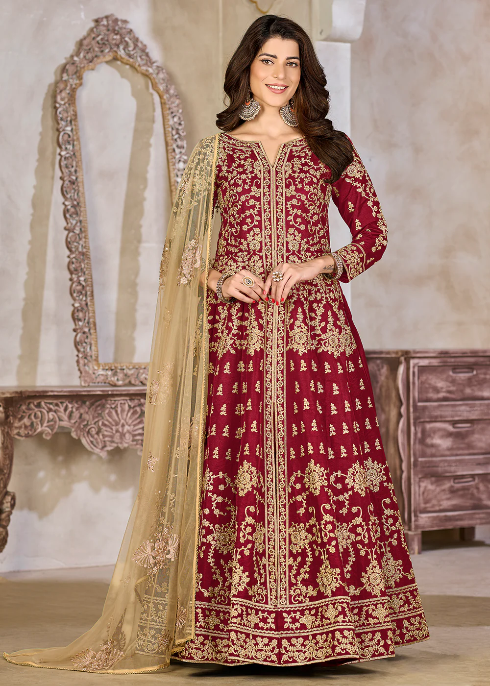 Maroon Art Silk Lehenga Slit Style Festive Anarkali Suit