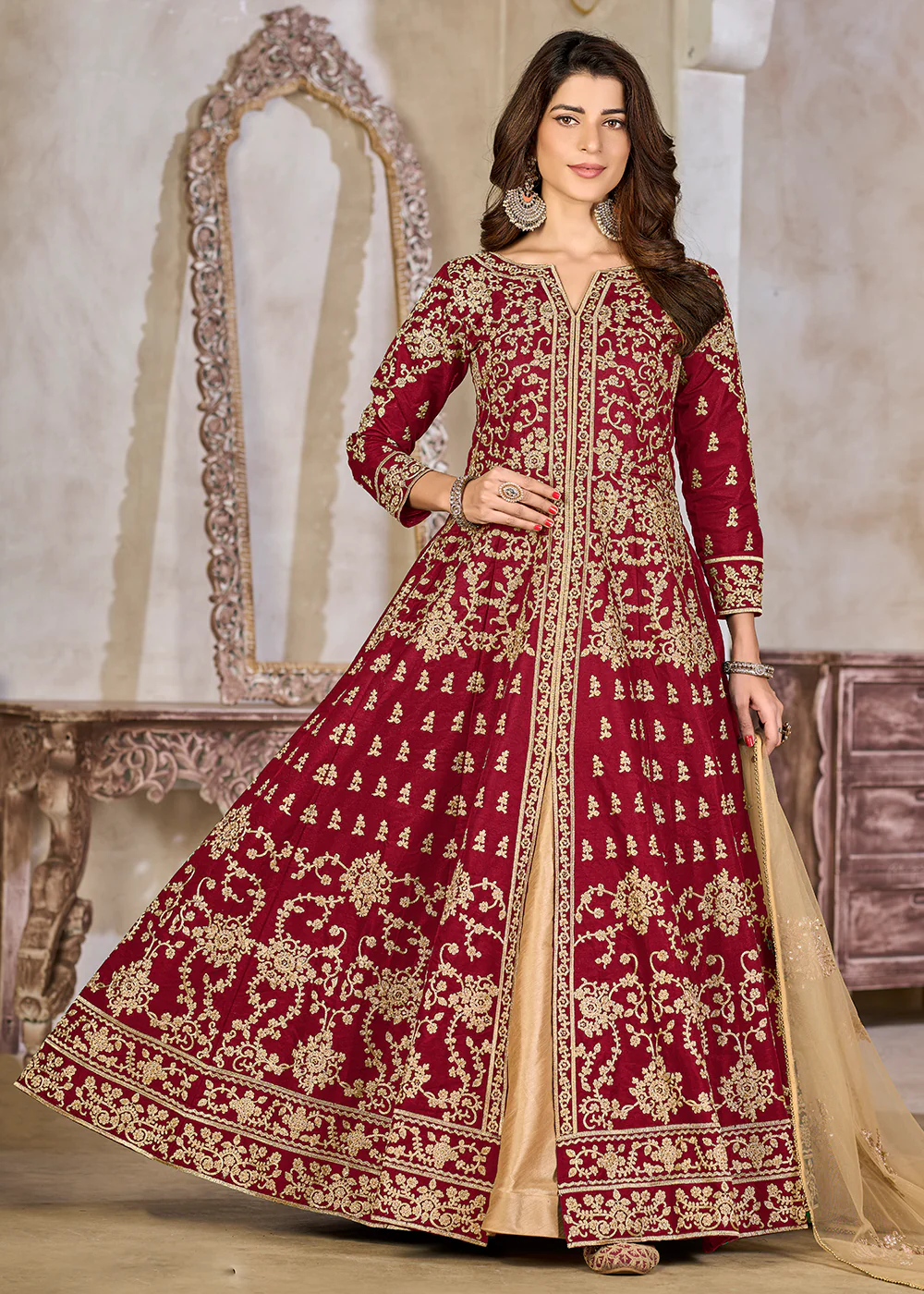 Maroon Art Silk Lehenga Slit Style Festive Anarkali Suit - Image 3