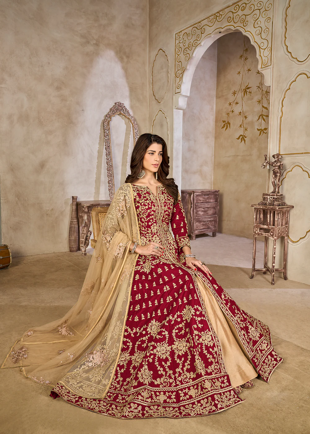 Maroon Art Silk Lehenga Slit Style Festive Anarkali Suit - Image 4