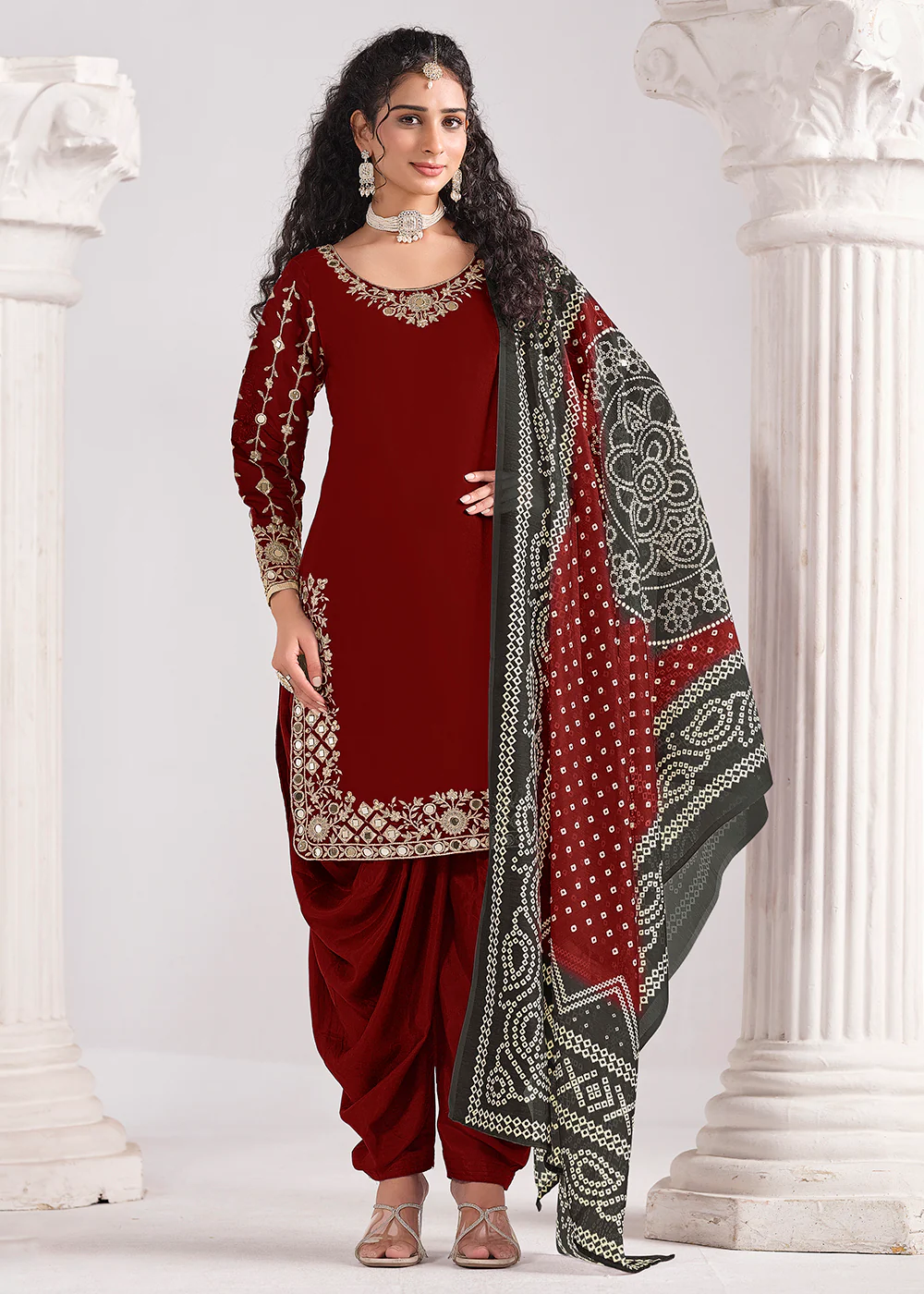Maroon Chanderi Silk Punjabi Patiala Style Suit