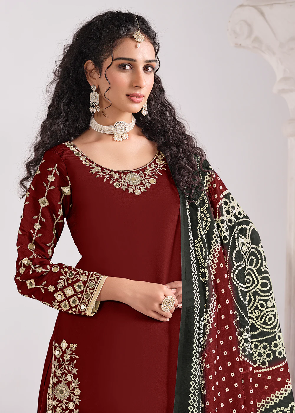 Maroon Chanderi Silk Punjabi Patiala Style Suit - Image 2