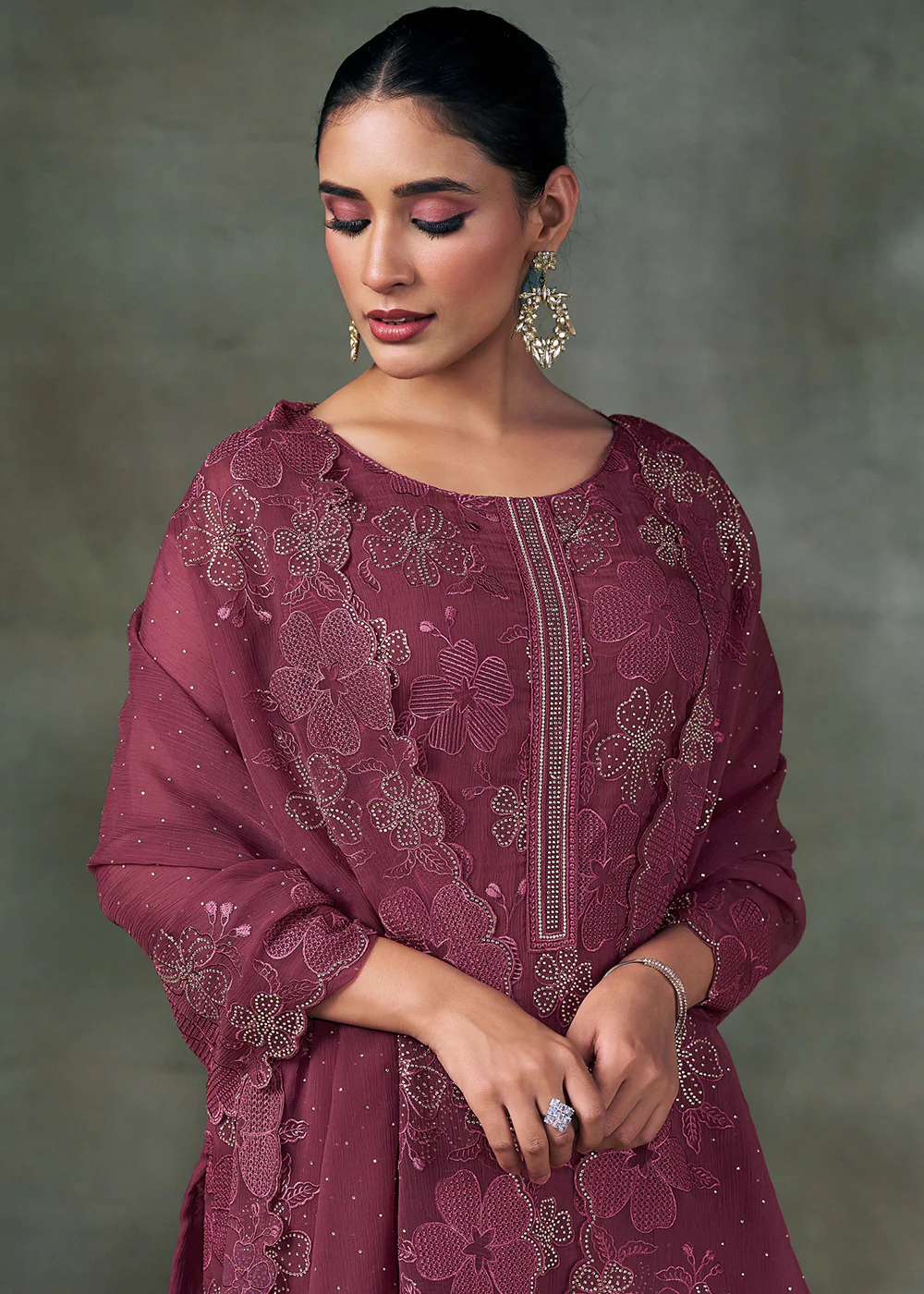 Maroon Chiffon Embroidered Pakistani Style Suit - Image 3