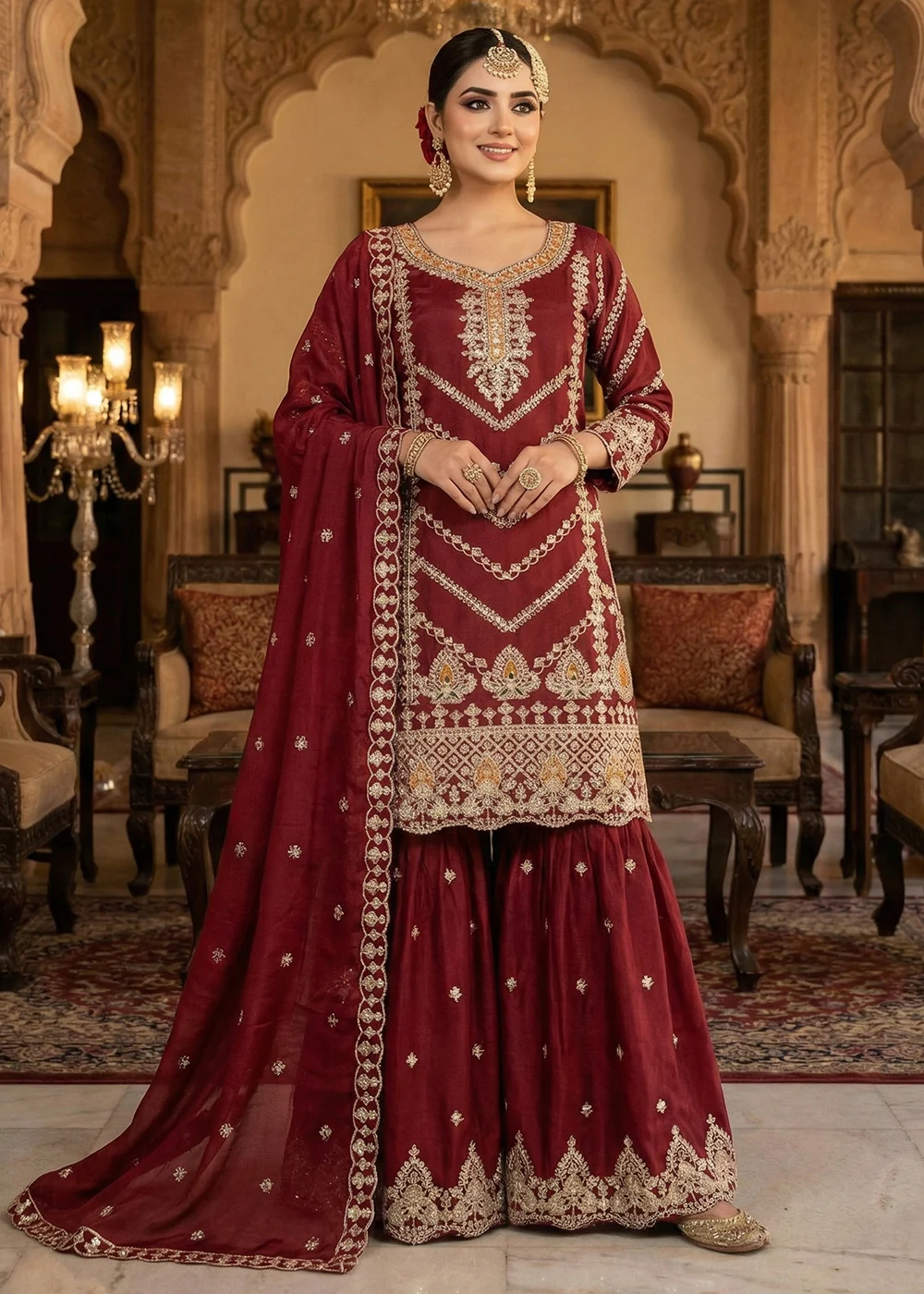 Maroon Chinnon All Over Sequins Gharara Suit