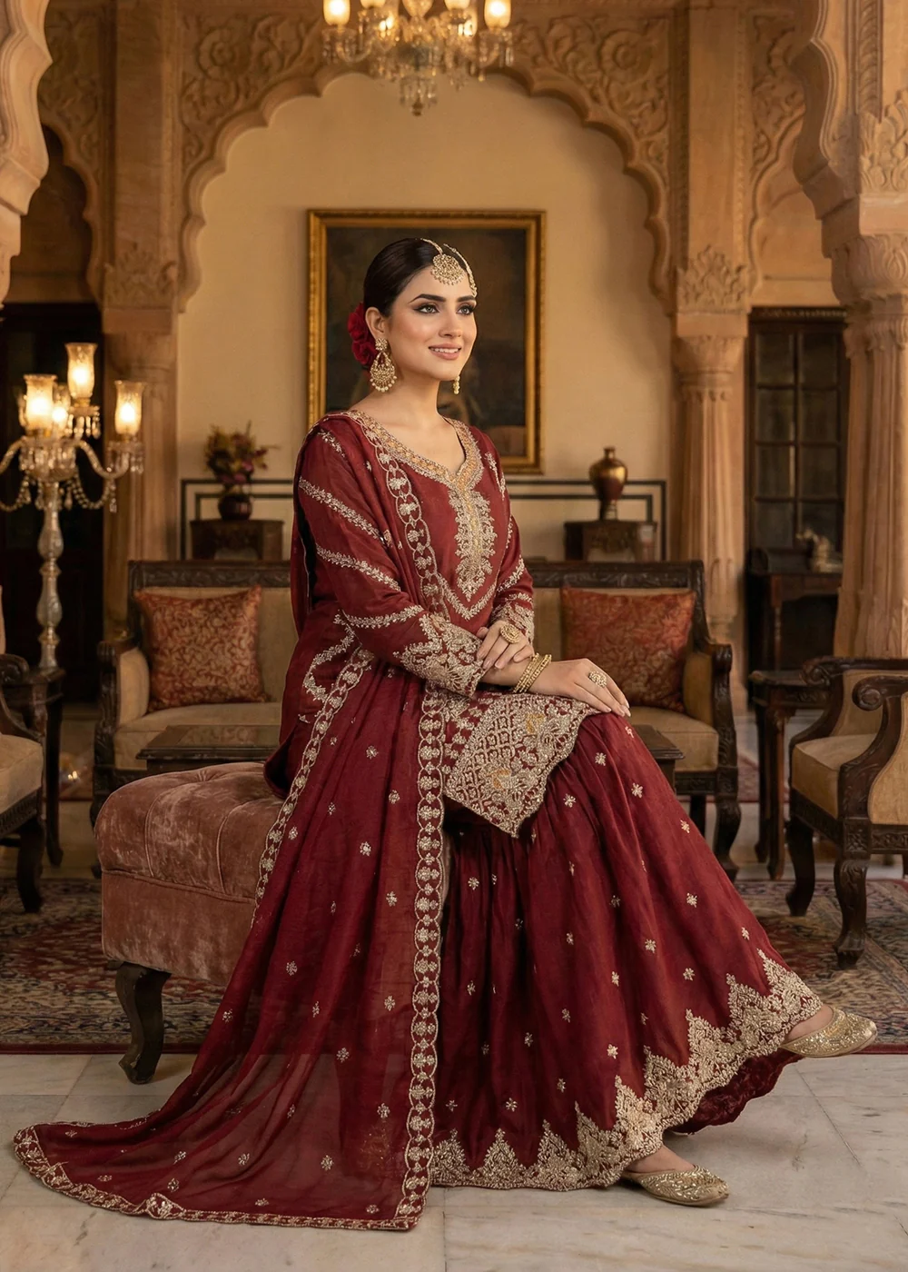 Maroon Chinnon All Over Sequins Gharara Suit - Image 2