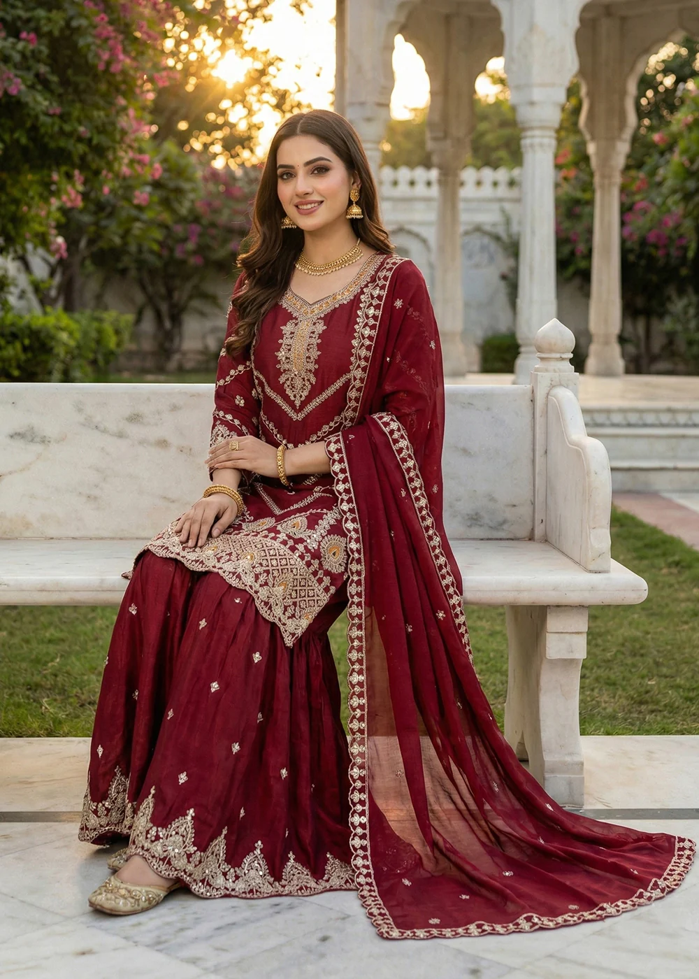 Maroon Chinnon All Over Sequins Gharara Suit - Image 3