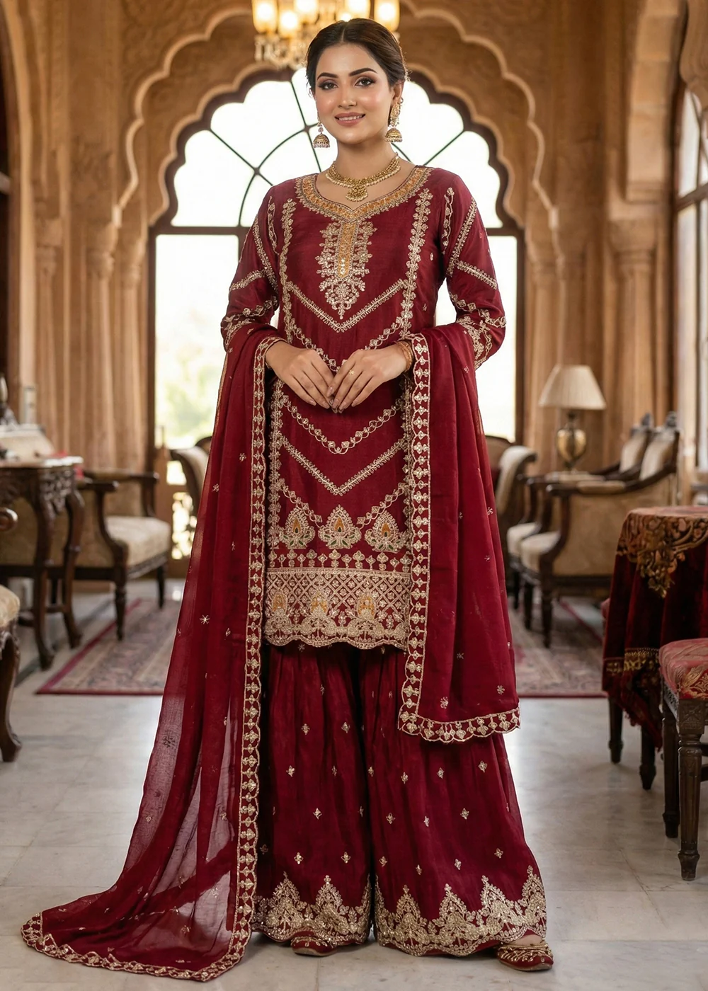Maroon Chinnon All Over Sequins Gharara Suit - Image 4
