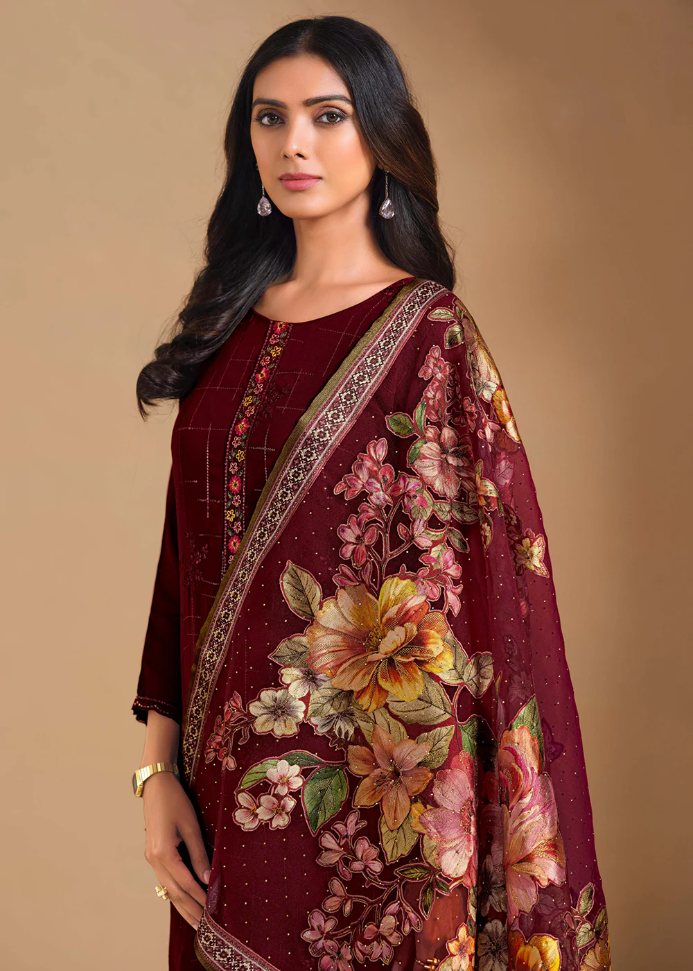 Maroon Chinnon Chiffon Embroidered Festive Salwar Suit - Image 2