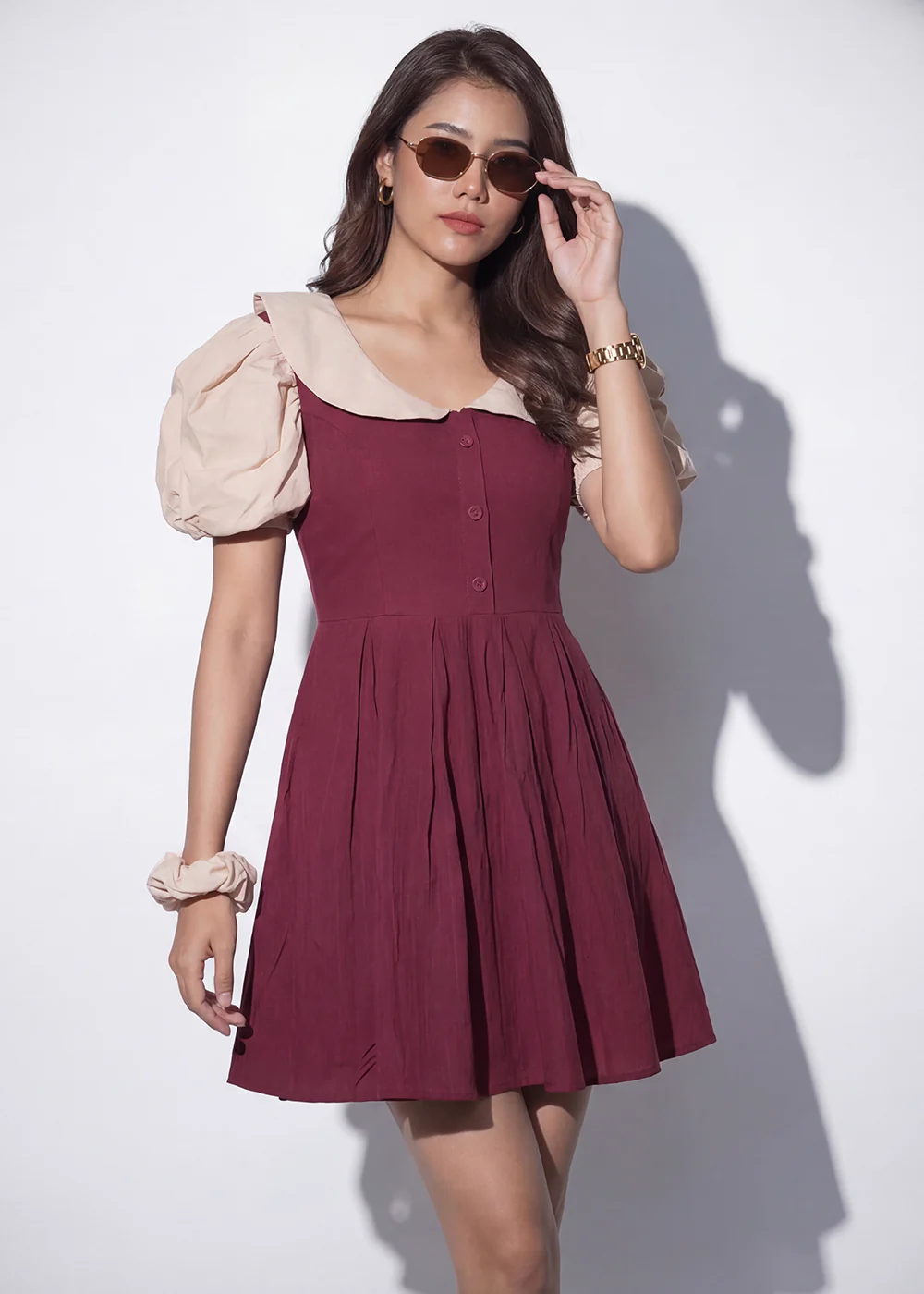 Maroon Cotton Ruffeled Sleeves Mini Indo Western Dress - Image 2