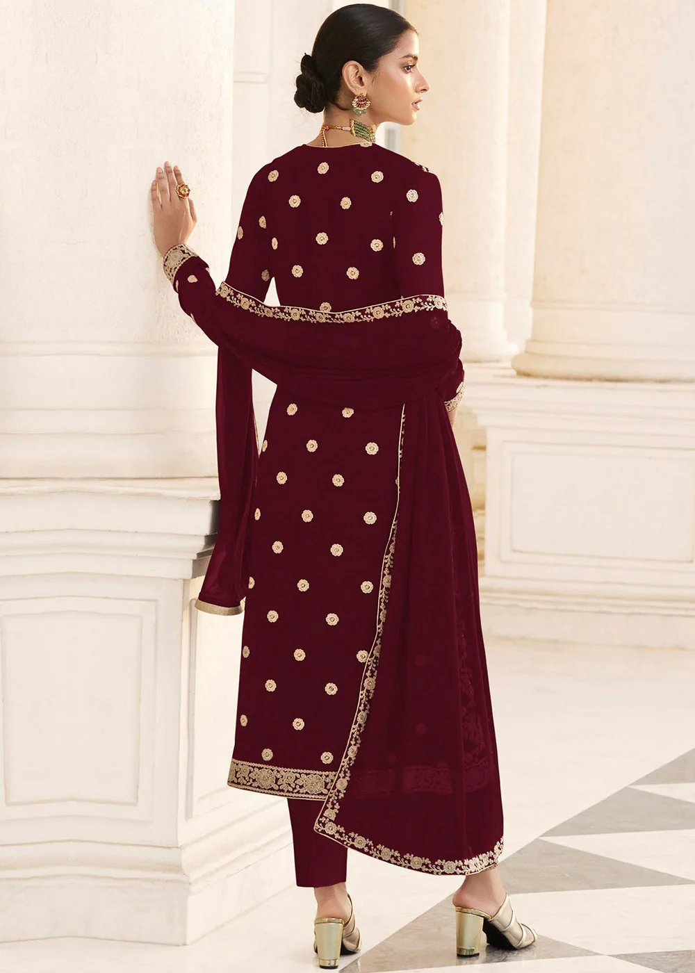 Maroon Designer Georgette Embroidered Jacket Style Suit - Image 3