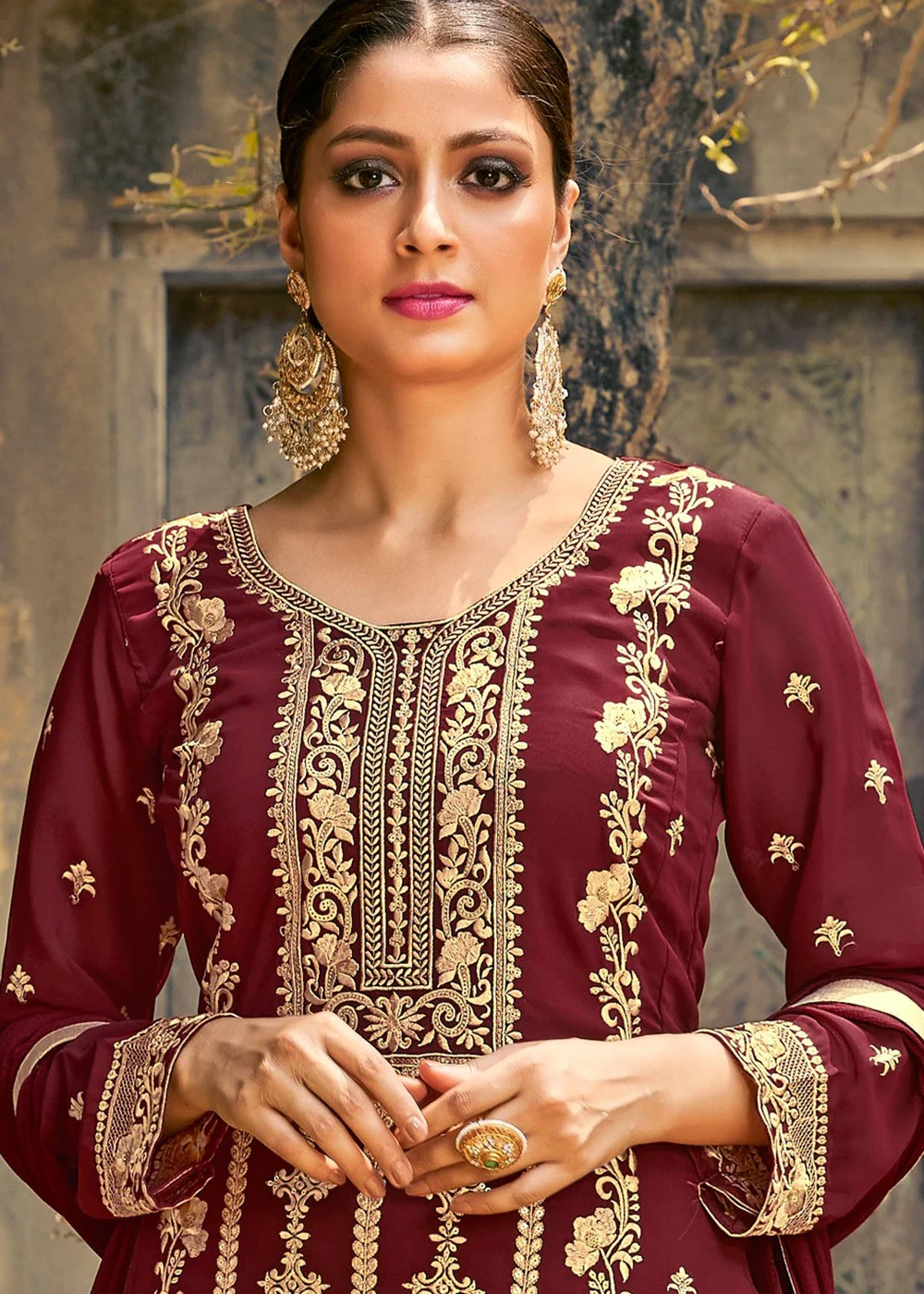 Maroon Designer Georgette Palazzo Suit - Image 2