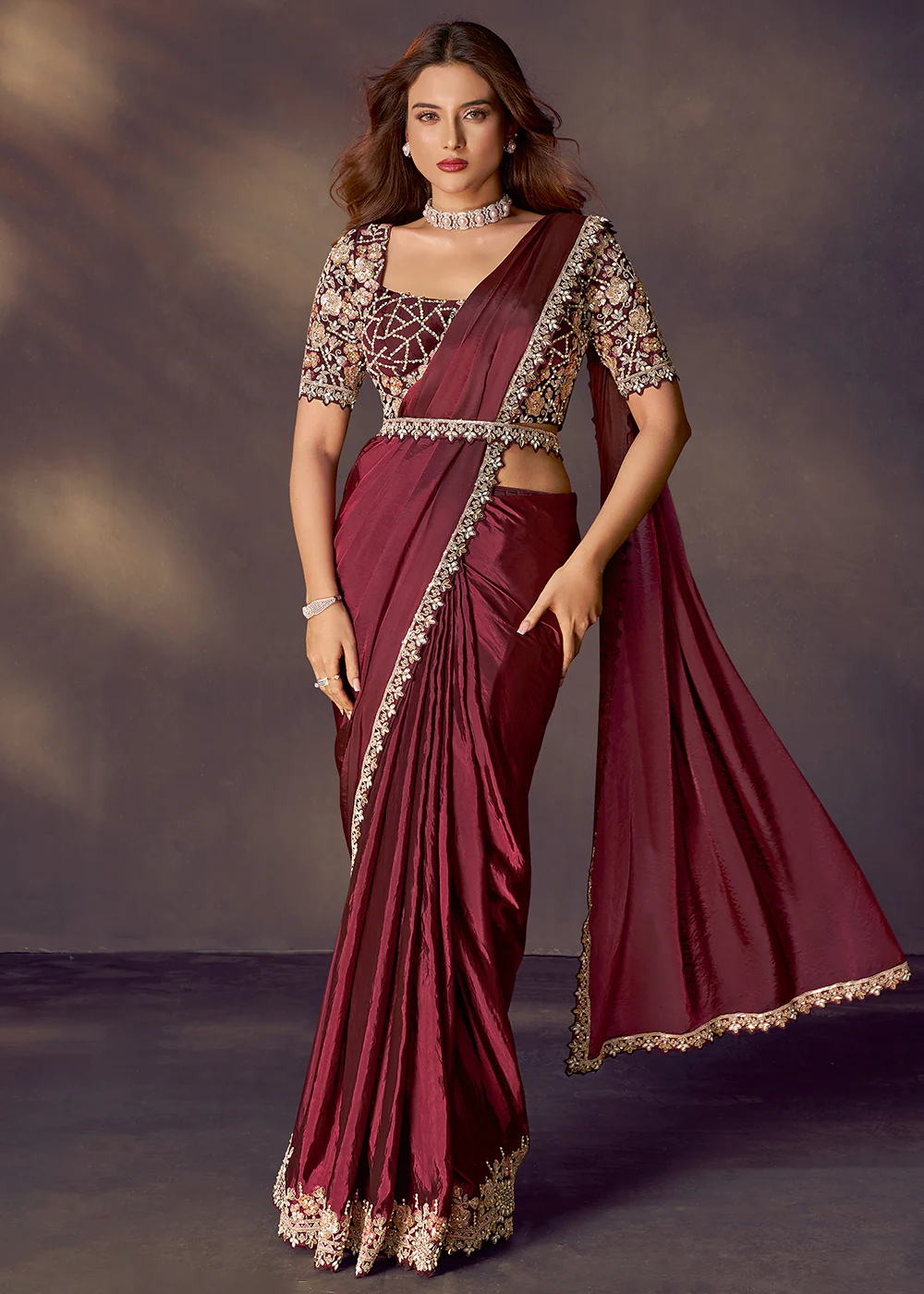 Maroon Designer Party Style Pre Draped Saree
