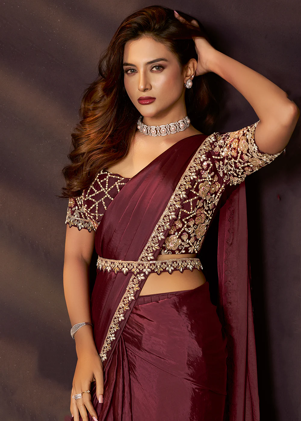 Maroon Designer Party Style Pre Draped Saree - Image 2
