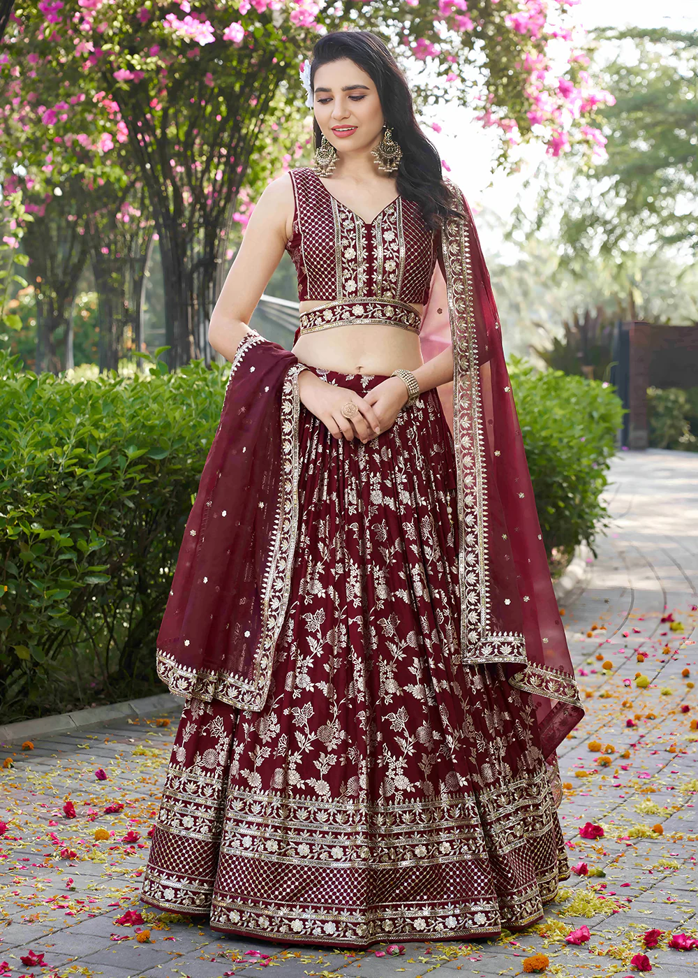 Maroon Dola Silk Jacquard Festive Party Lehenga Choli
