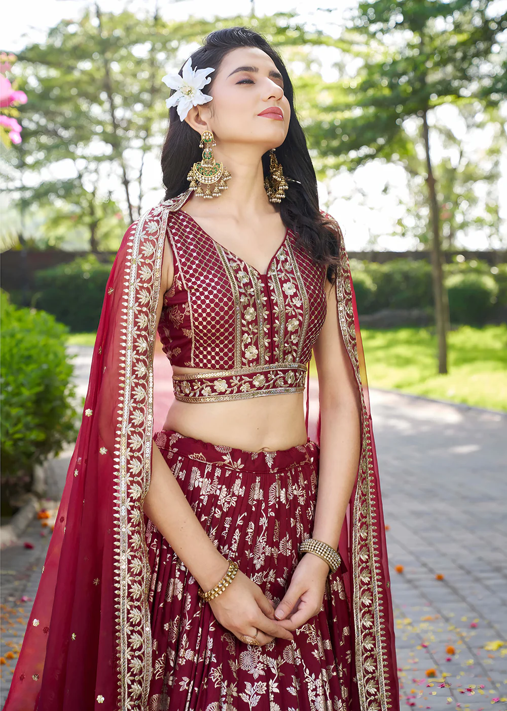 Maroon Dola Silk Jacquard Festive Party Lehenga Choli - Image 2
