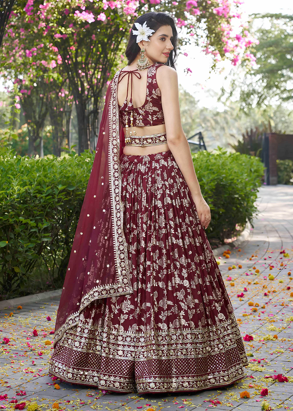 Maroon Dola Silk Jacquard Festive Party Lehenga Choli - Image 3