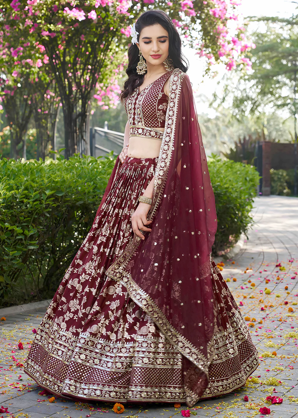 Maroon Dola Silk Jacquard Festive Party Lehenga Choli - Image 4