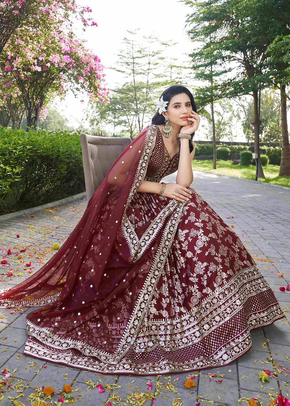 Maroon Dola Silk Jacquard Festive Party Lehenga Choli - Image 5