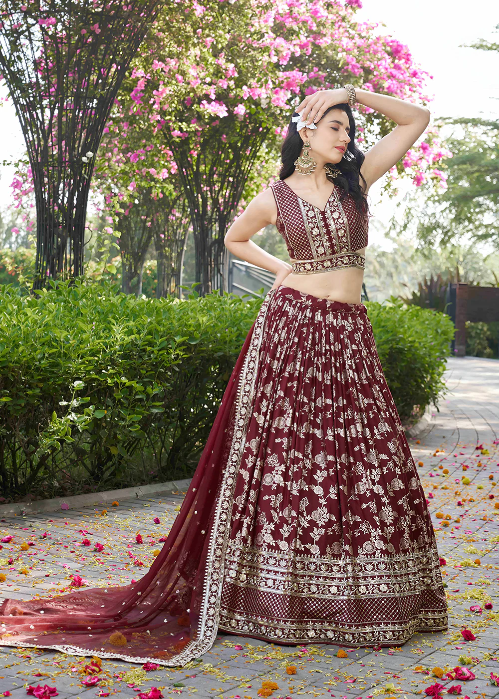 Maroon Dola Silk Jacquard Festive Party Lehenga Choli - Image 6