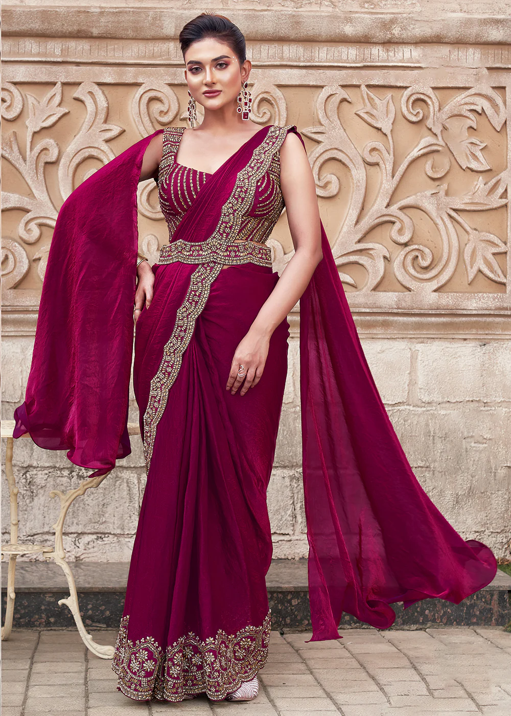Maroon Embroidered Designer Ready to Wear Saree