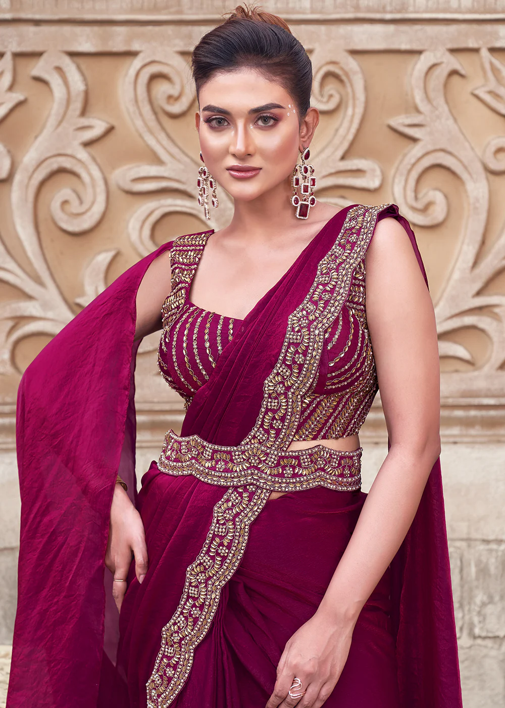 Maroon Embroidered Designer Ready to Wear Saree - Image 2