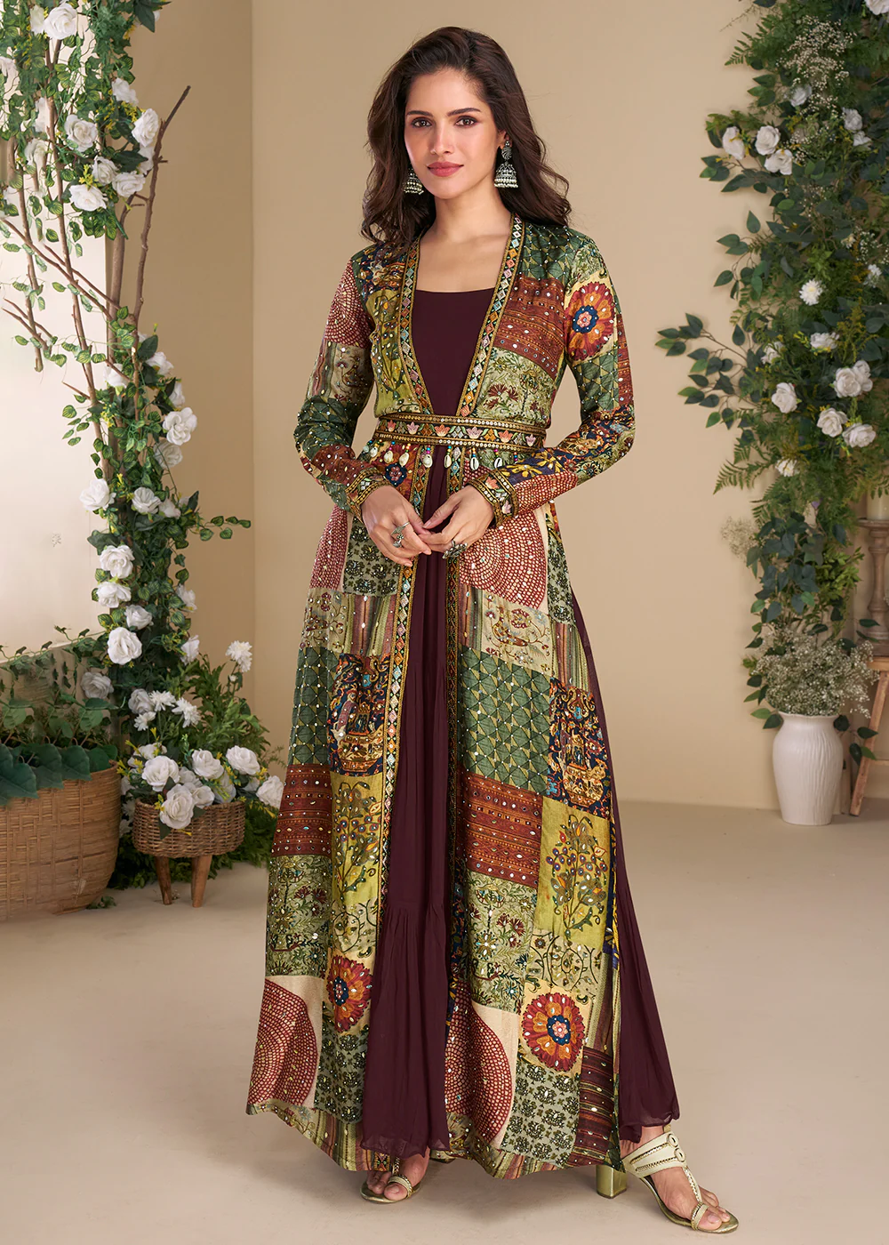 Maroon Embroidered Georgette Shrug Style Anarkali Suit