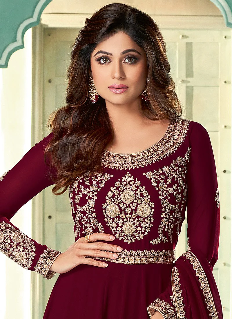 Maroon Embroidered Shamita Shetty Georgette Anarkali Suit - Image 3