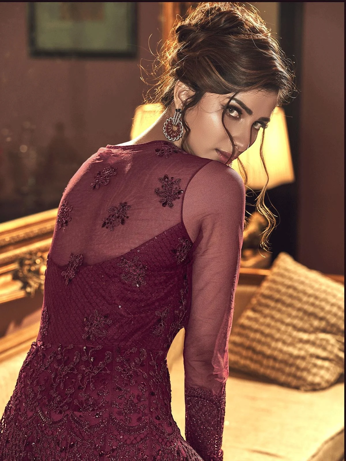 Maroon Embroidered Traditional Anarkali Suit - Image 2