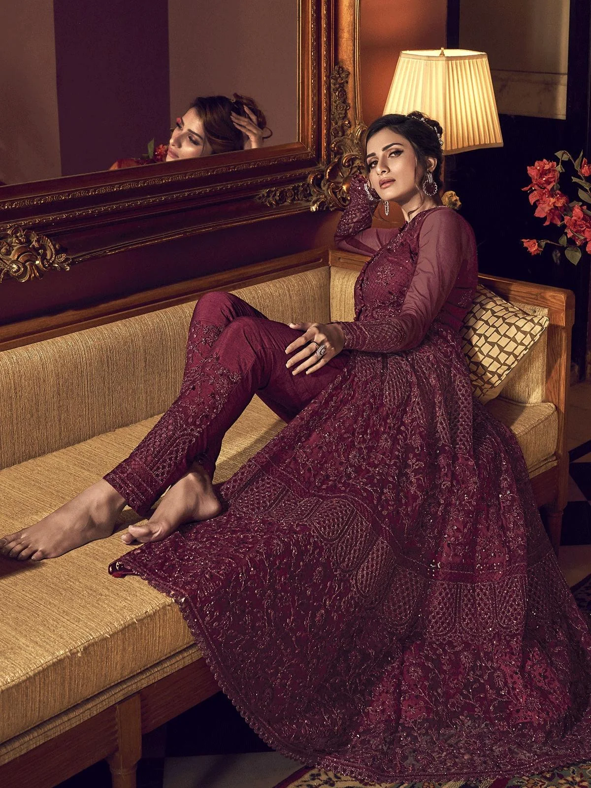 Maroon Embroidered Traditional Anarkali Suit - Image 3