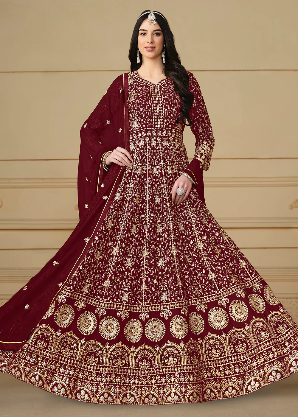 Maroon Embroidered Trendy Style Anarkali Suit - Image 3