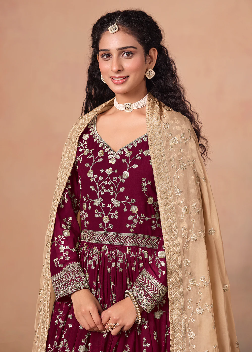 Maroon Embroidered Wedding Anarkali Style Gown - Image 2