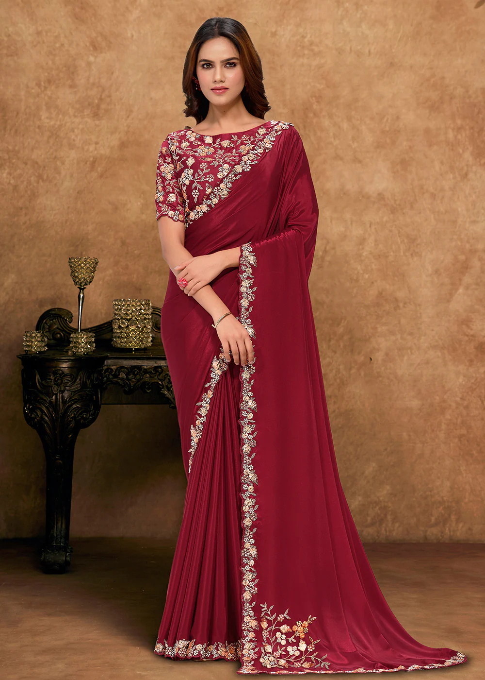 Maroon Embroidered Wedding Festive Wear Saree