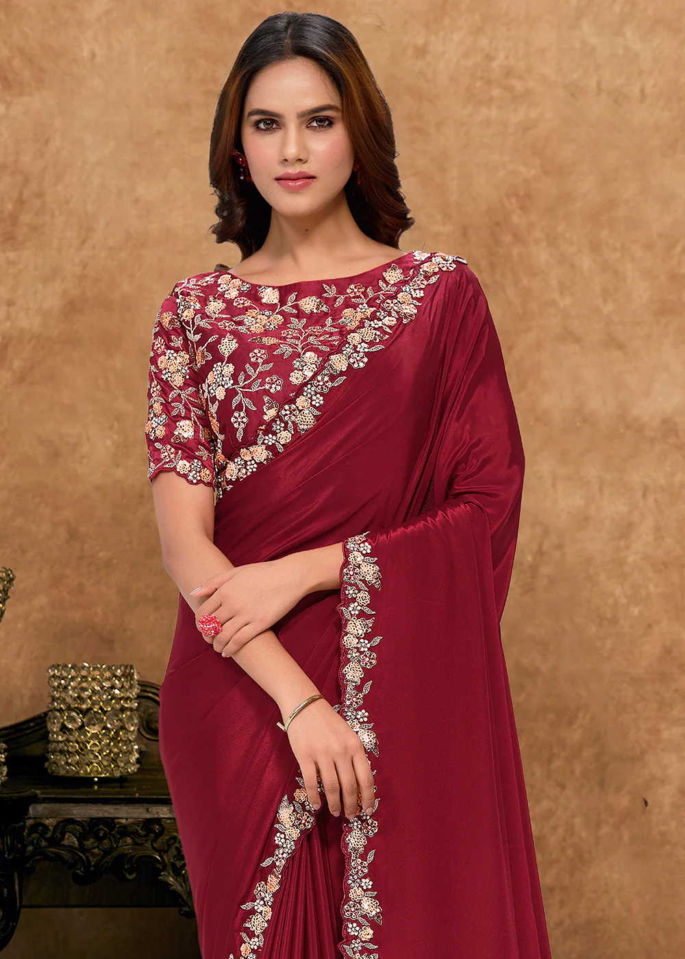 Maroon Embroidered Wedding Festive Wear Saree - Image 2