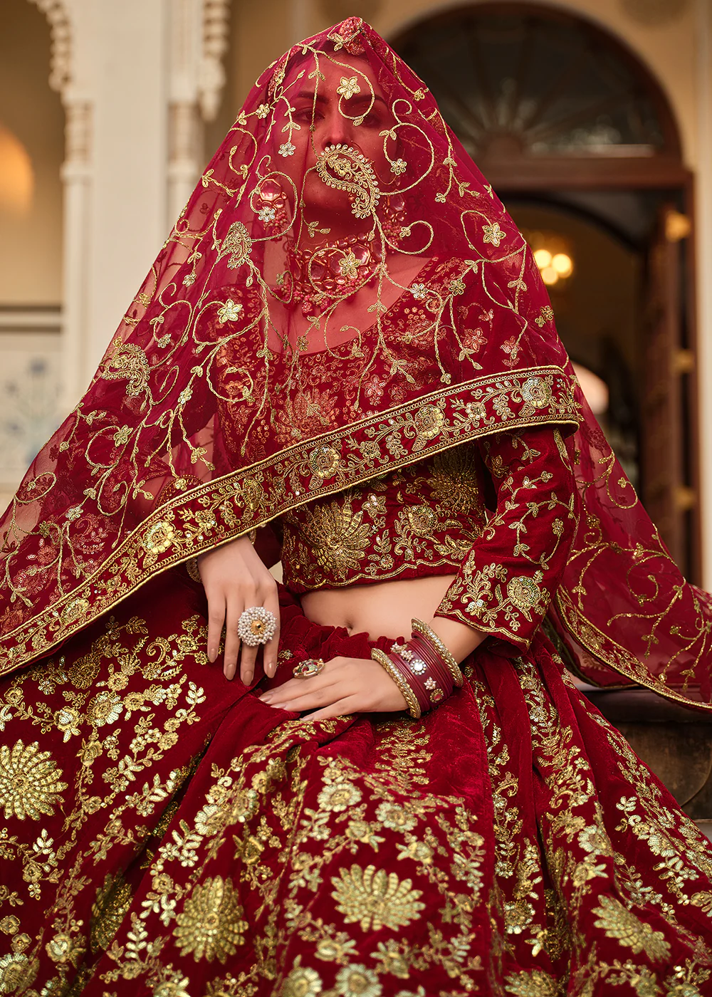 Maroon Fancy Dori & Stone Work Velvet Lehenga Choli - Image 2