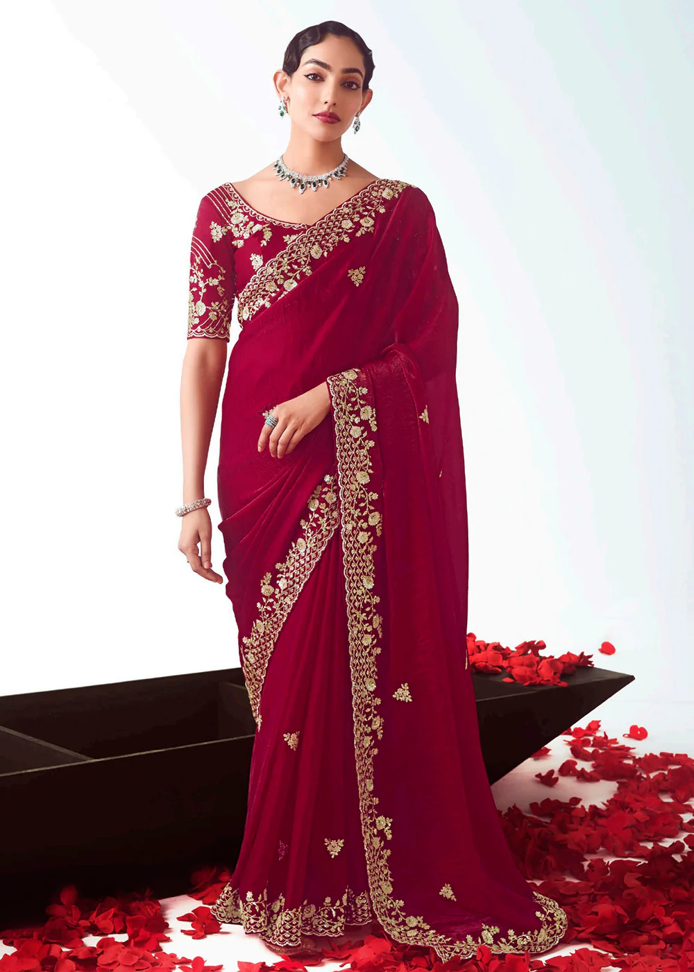 Maroon Fancy Fabric Embroidered Designer Saree