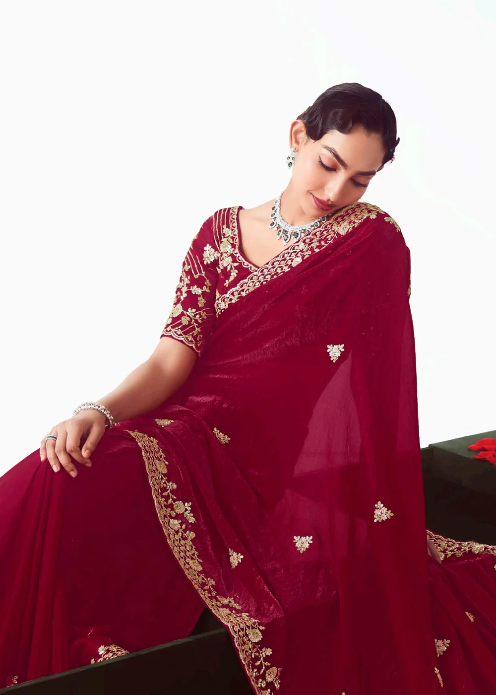 Maroon Fancy Fabric Embroidered Designer Saree - Image 2
