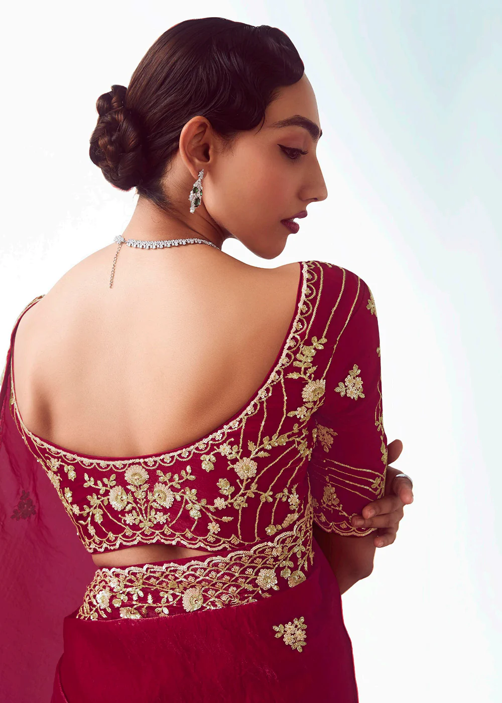 Maroon Fancy Fabric Embroidered Designer Saree - Image 3