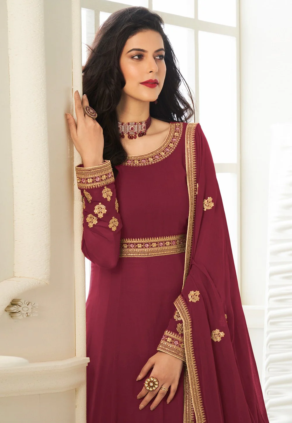 Maroon Faux Georgette Embroidered Anarkali Suit - Image 2