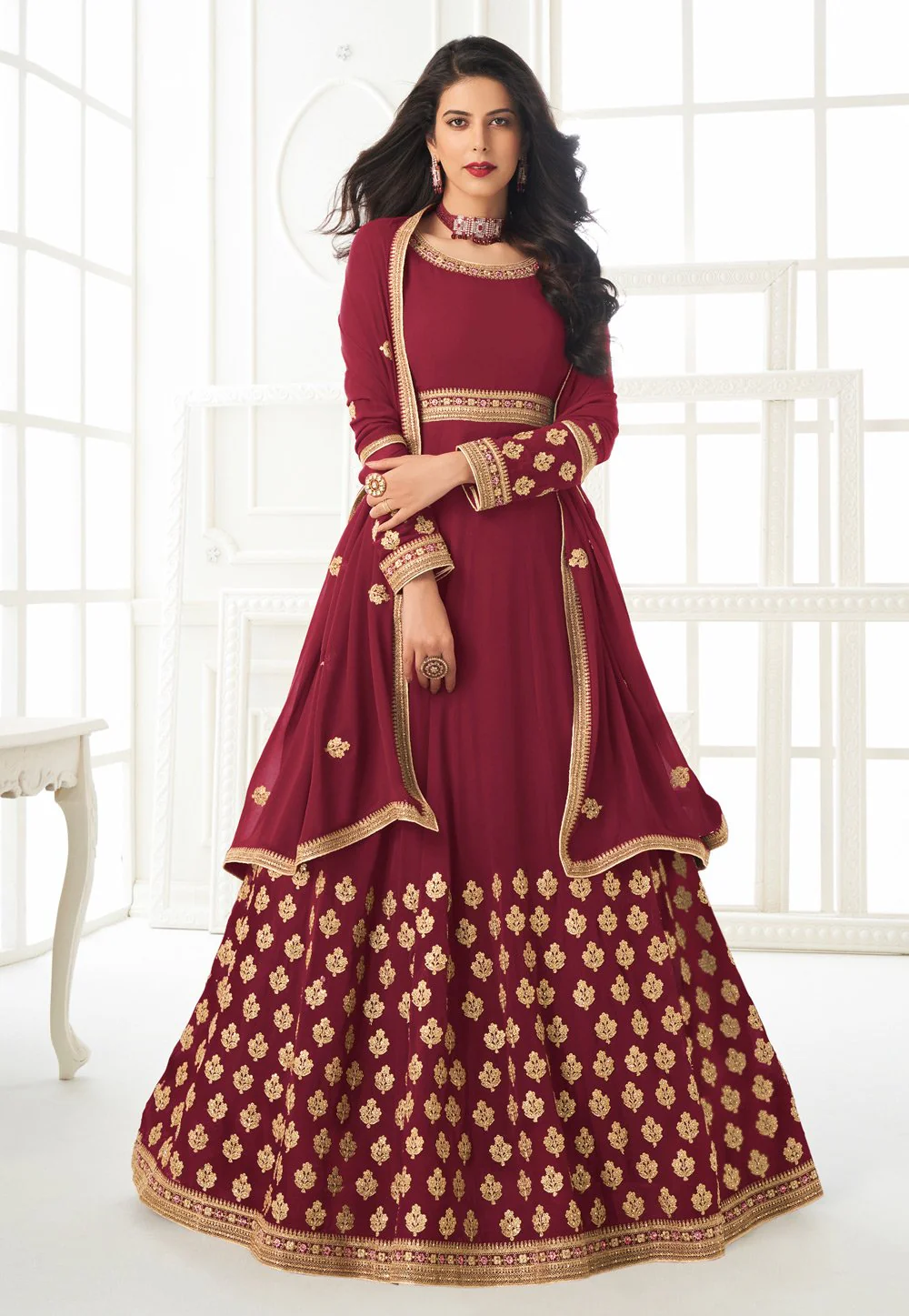 Maroon Faux Georgette Embroidered Anarkali Suit - Image 3
