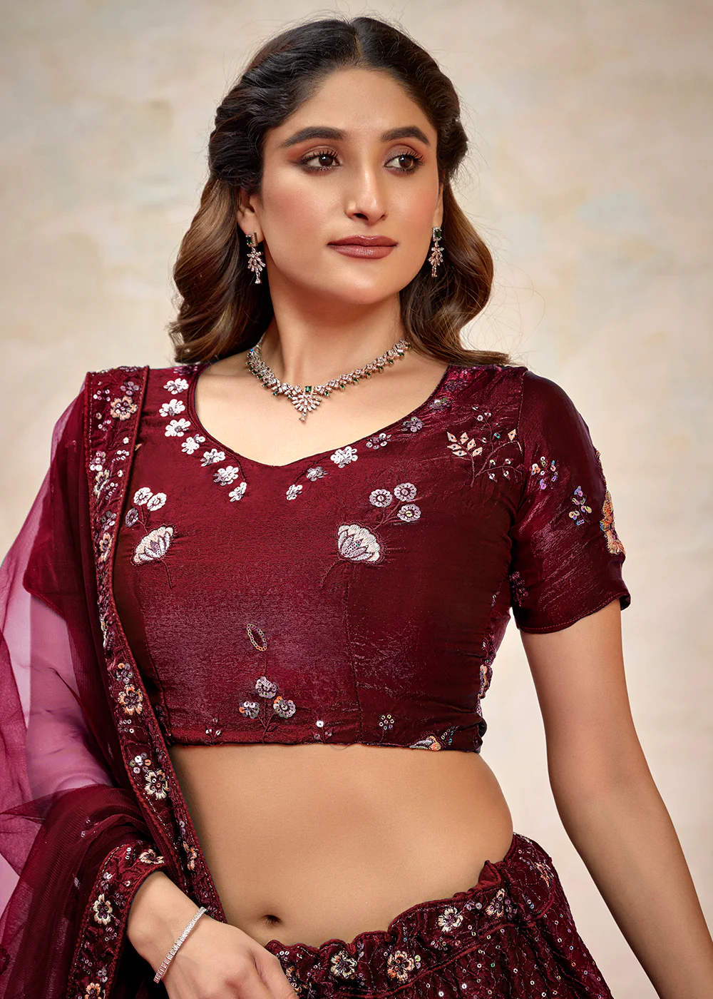 Maroon Fendy Silk Embroidered Party Wear Lehenga Choli - Image 2