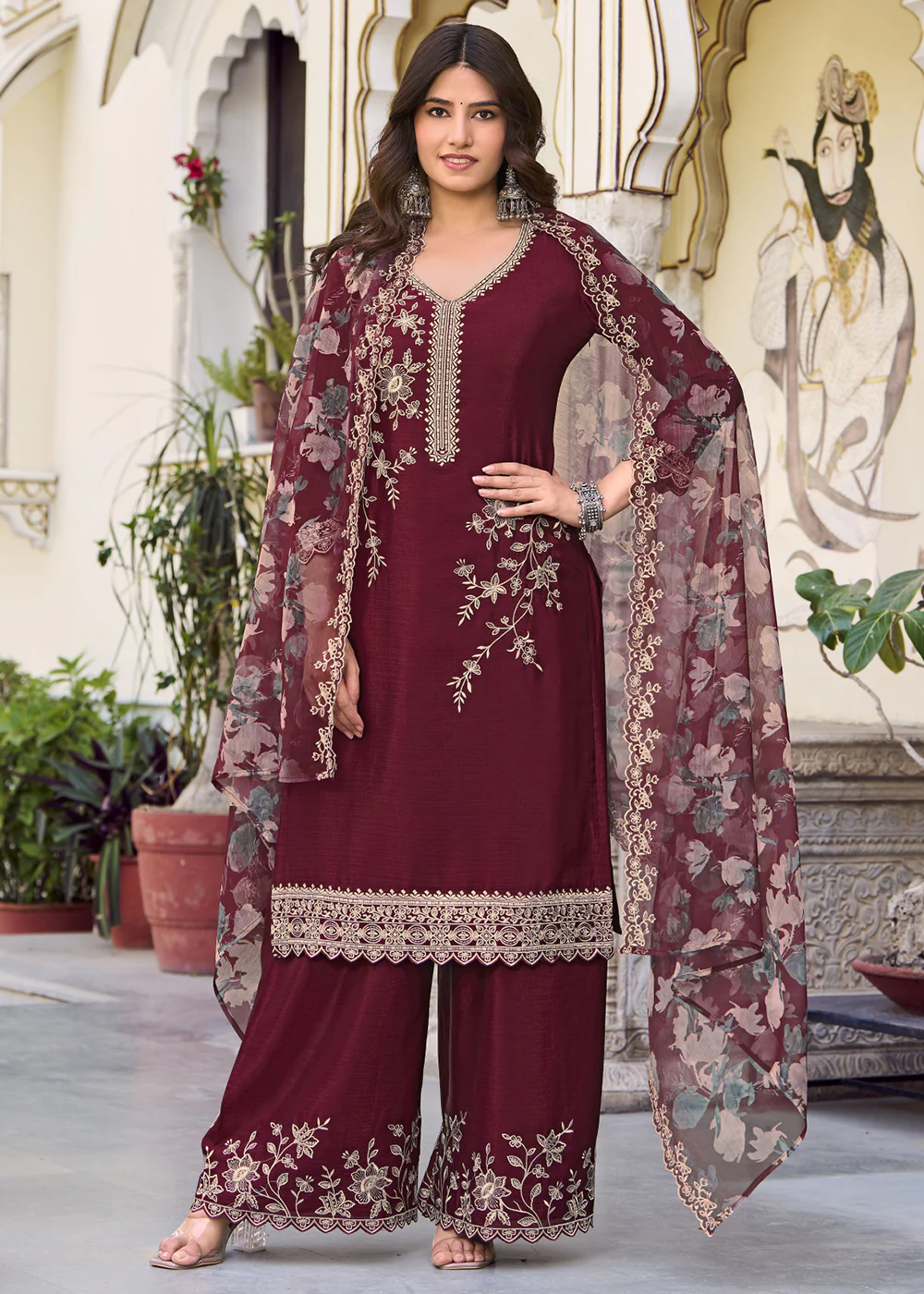 Maroon Floral Threads & Sequins Festive Palazzo Suit