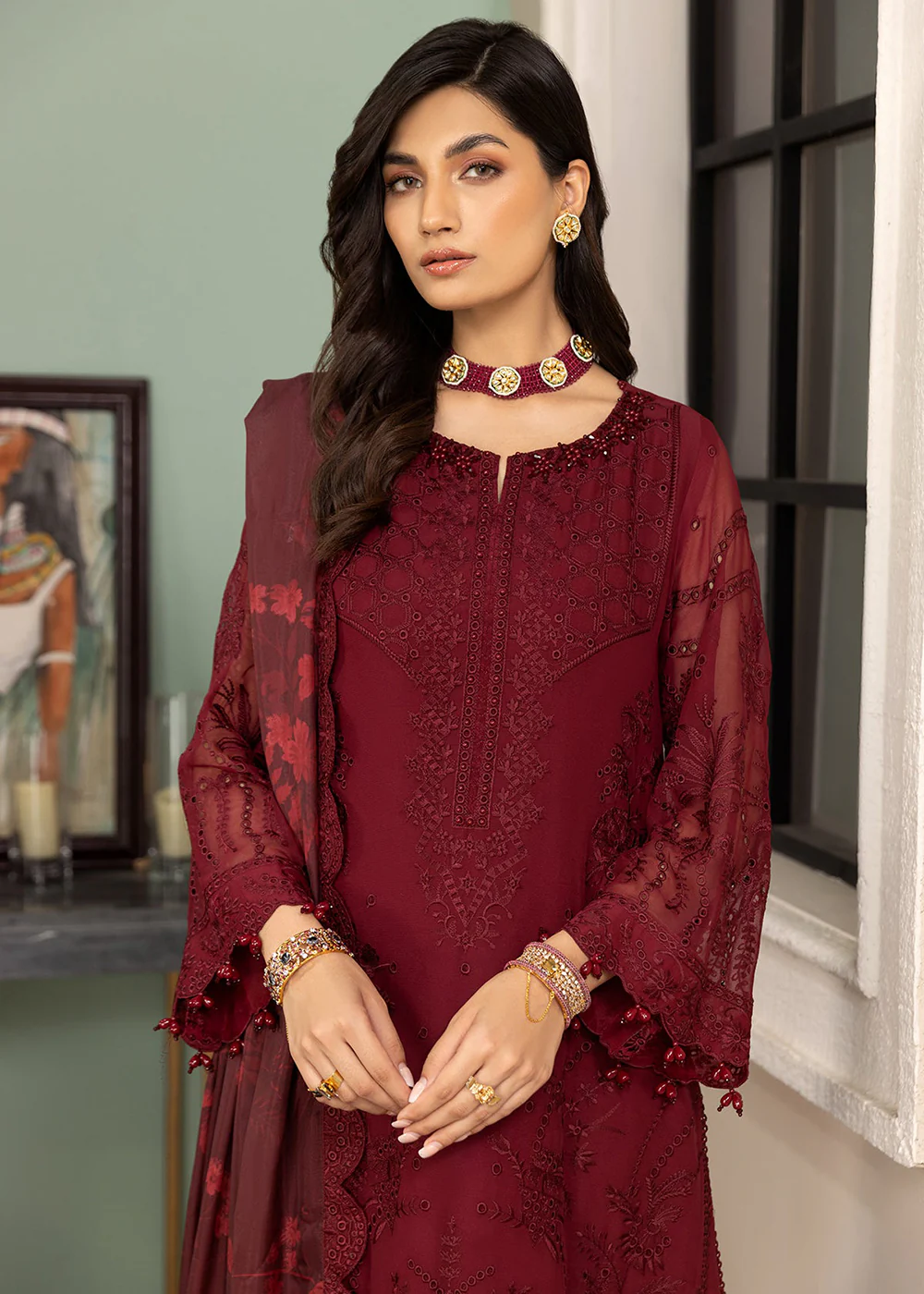 Maroon Formal Suit - Alizeh - Dhaagay Formals '23 - V02D07 - Azalea - Image 2