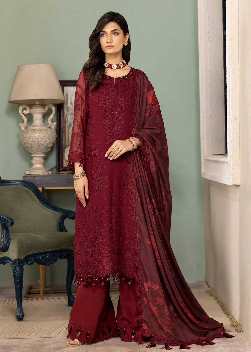 Maroon Formal Suit - Alizeh - Dhaagay Formals '23 - V02D07 - Azalea - Image 4