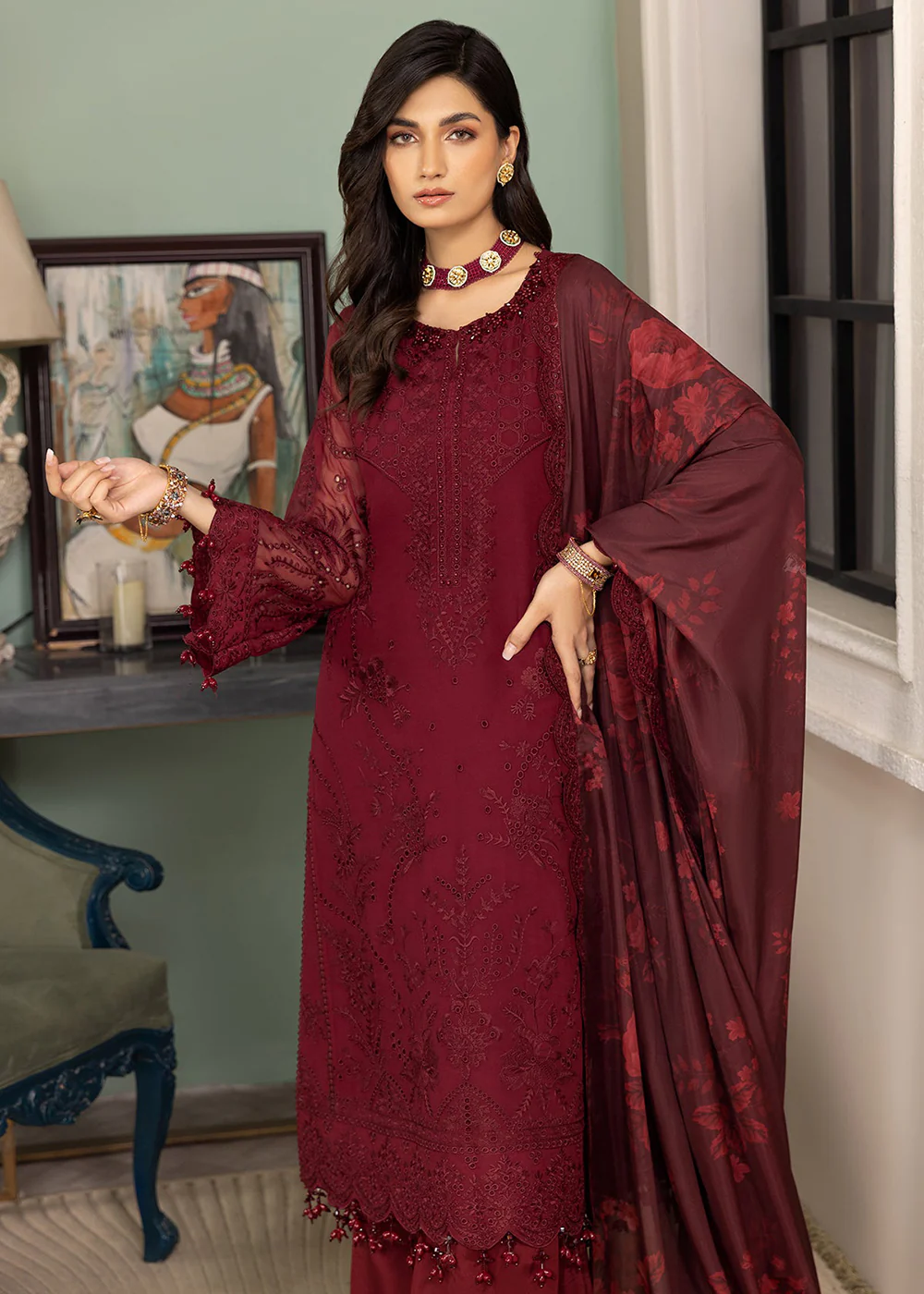 Maroon Formal Suit - Alizeh - Dhaagay Formals '23 - V02D07 - Azalea - Image 6