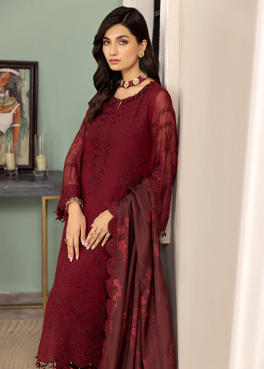 Maroon Formal Suit - Alizeh - Dhaagay Formals '23 - V02D07 - Azalea - Image 7