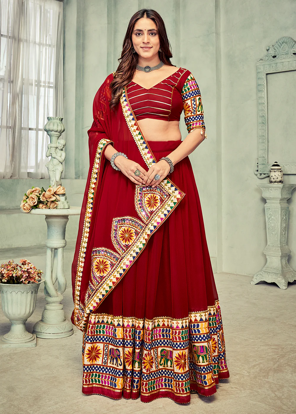 Maroon Gamthi Work Georgette Navratri Special Chaniya Choli