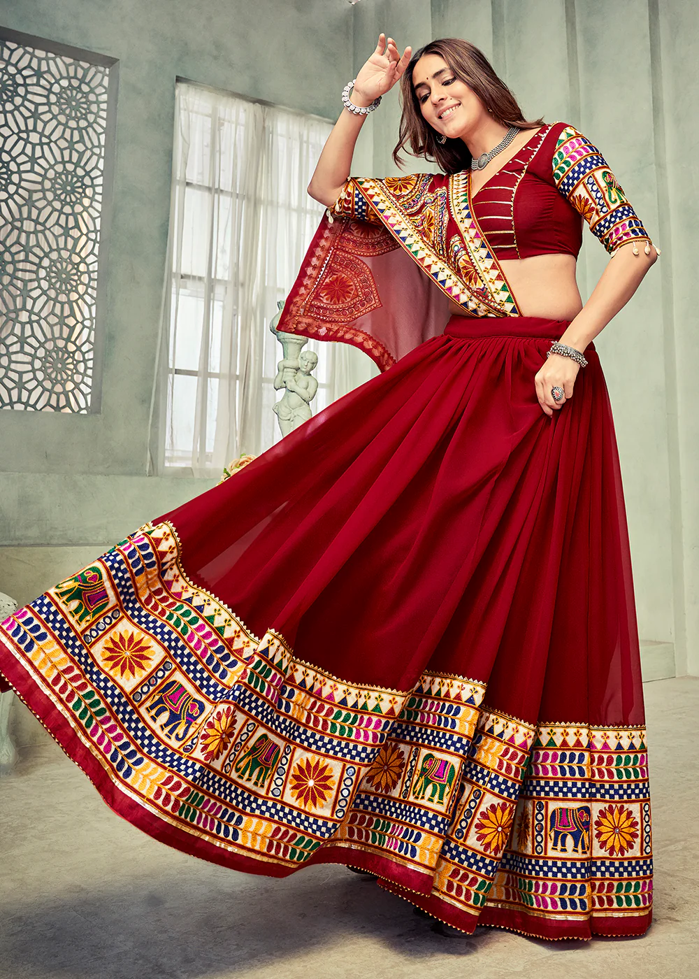 Maroon Gamthi Work Georgette Navratri Special Chaniya Choli - Image 6