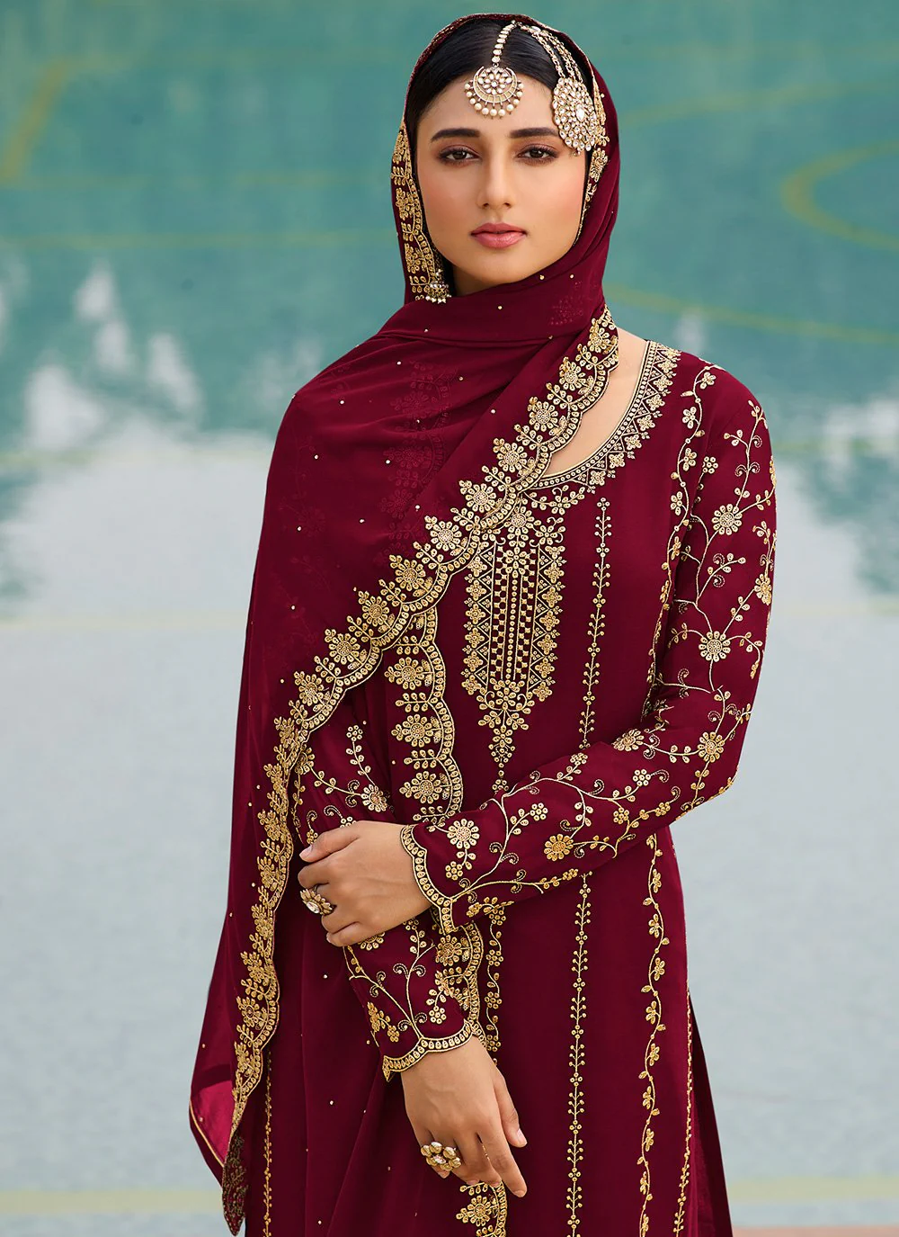 Maroon & Gold Embroidered Sequins Sharara Suit - Image 2